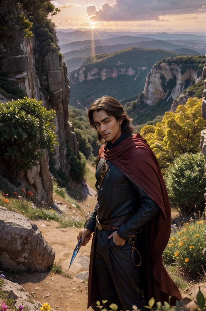 "An epic confrontation at the Pinnacle: The hero stands on the edge of a cliff with the sky turning dramatic shades of red and purple at sunset. His cape flutters in the wind as he holds his glowing sword firmly.. In front of him, the shadowy figure of temptation, a mythical creature with iridescent scales and piercing eyes, hovers with a sly smile. The vegetation around the cliff is lush and detailed, with bright flowers and gently moving leaves. The scene is illuminated by the golden light of the setting sun, creating a vibrant and emotional contrast. Disney-Pixar style in 8K, with vivid colors and meticulous details."