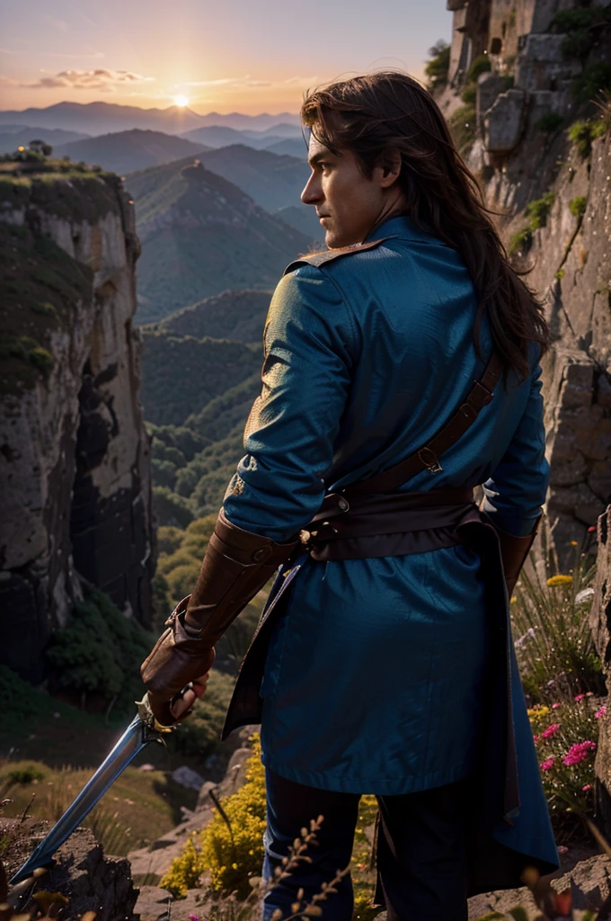 "An epic confrontation at the Pinnacle: The hero stands on the edge of a cliff with the sky turning dramatic shades of red and purple at sunset. His cape flutters in the wind as he holds his glowing sword firmly.. In front of him, the shadowy figure of temptation, a mythical creature with iridescent scales and piercing eyes, hovers with a sly smile. The vegetation around the cliff is lush and detailed, with bright flowers and gently moving leaves. The scene is illuminated by the golden light of the setting sun, creating a vibrant and emotional contrast. Disney-Pixar style in 8K, with vivid colors and meticulous details."