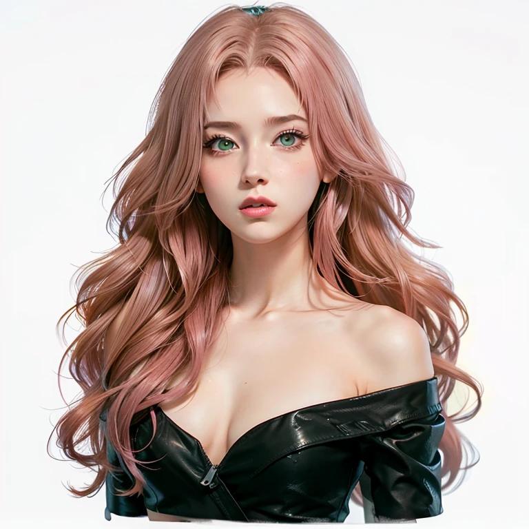 young woman, short shoulder-length pink hair, wide forehead, porcelain skin, pink eyebrows, big emerald green eyes, buttoned nose, full lips, heart-shaped face, slender body, small breasts, red tank top, Sakura Haruno , realistic, realism, details, 3d, well detailed