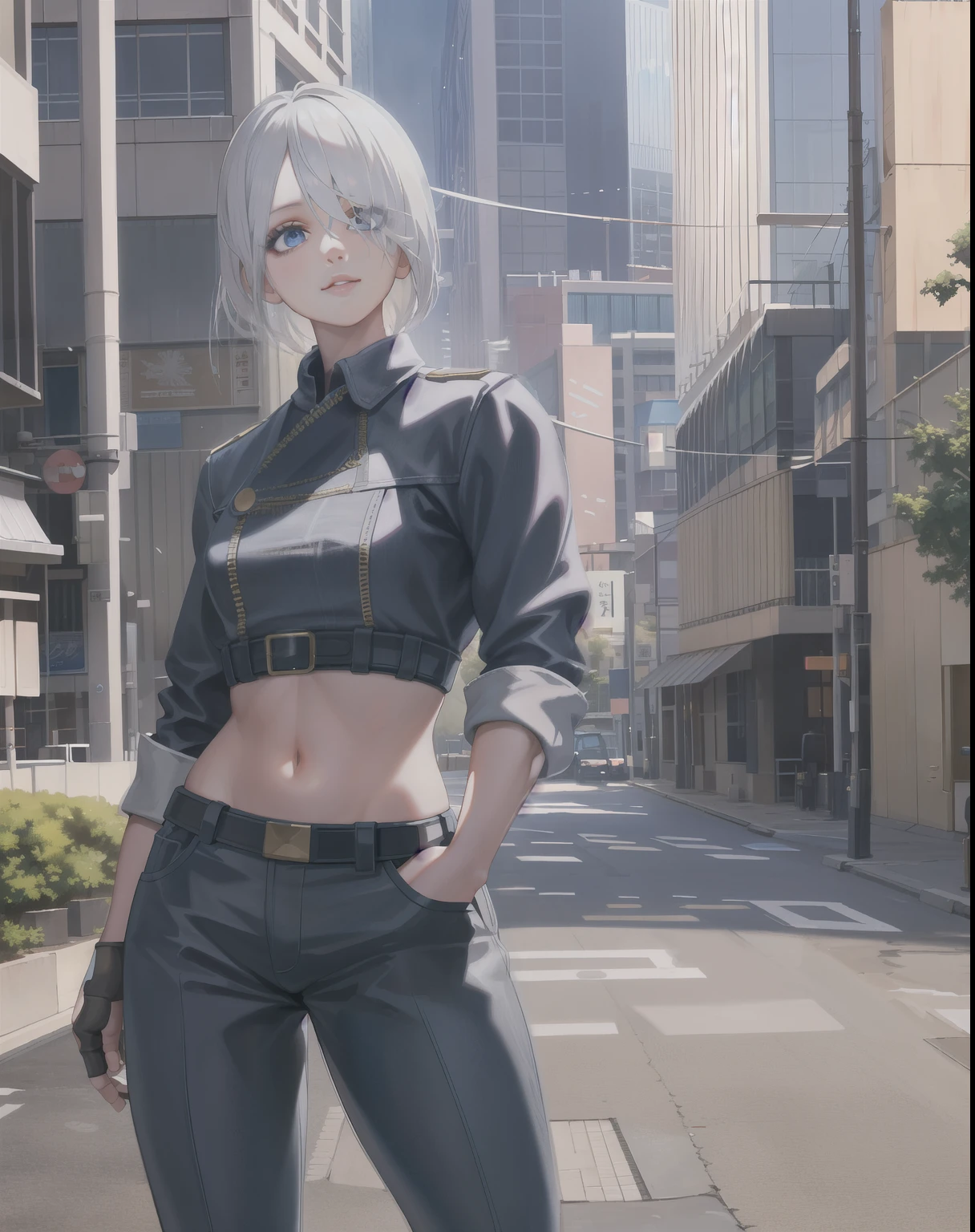 filian, 1girl, (solo:1.2), purple eyes, smiling, hair ornament, looking at viewer, animal ear fluff, hair bell, white hair, blush, tail, (police uniform:1.2), police station,<lora:filianV2:0.8>