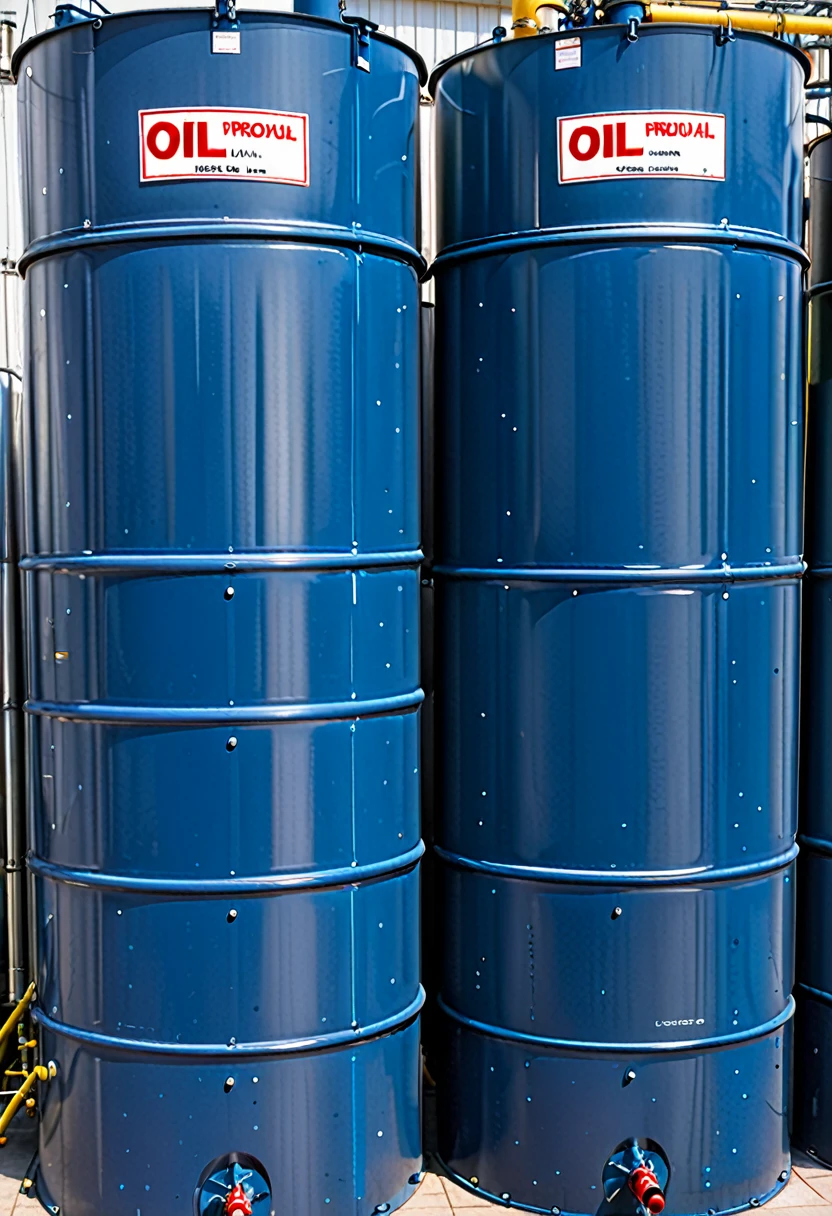 Storage tanks labeled with different oil products.