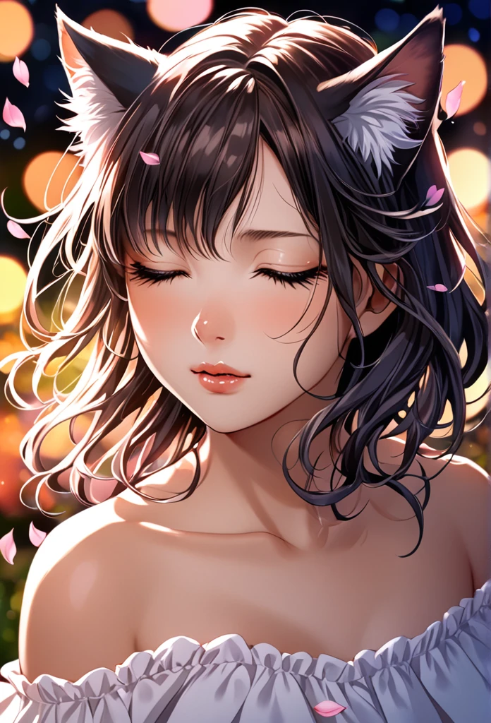 (kawaii anime style) , Hallucination, daydream , nightmare , Insane Dream , bokeh , erotica , romance ,  Cat clings girl , Petals fluttering down , (Single eyelids, round nose, swollen cheeks) , glossy lips , Collarbone , Hair blowing in the wind , Goddess of lust , (hide crotch by cats:1.2) , (hide nipple by cats:1.2) , (close up cat) , (spread legs) , bra , Groin , (Wide pelvis) , (nudity full body)