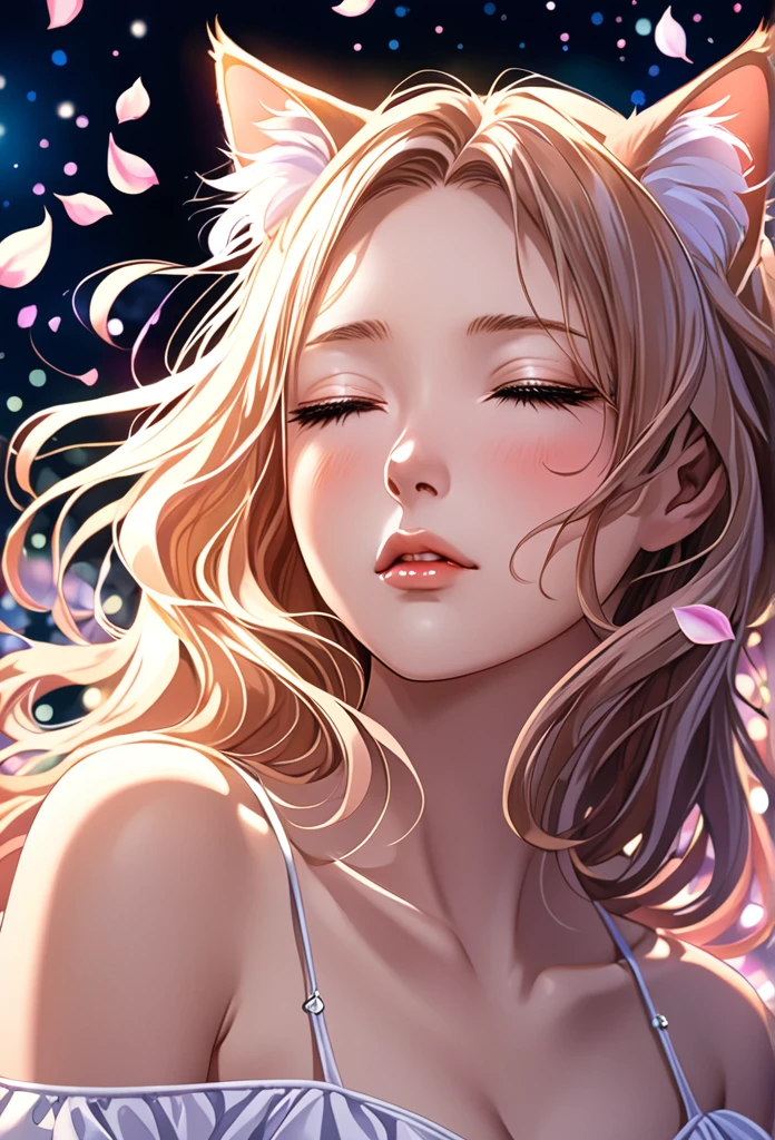 (Kosuke Fujishima style:1.2) , Hallucination, daydream , nightmare , Insane Dream , bokeh , erotica , romance , cat nymph and realistic cat , Petals fluttering down , Single eyelids, round nose, swollen cheeks , glossy lips , Collarbone , Hair blowing in the wind