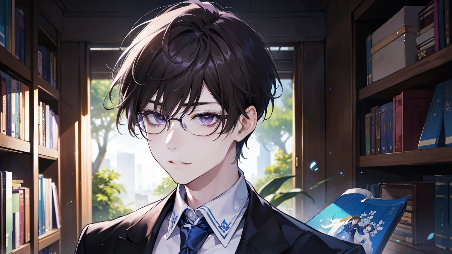 One Man、Rin々Shii、Dark Brown Hair、Short Hair、Purple Eyes、In a suit、Blue tie、The right eye is hidden by bangs、Glasses、Close-up of face、Bookshelf