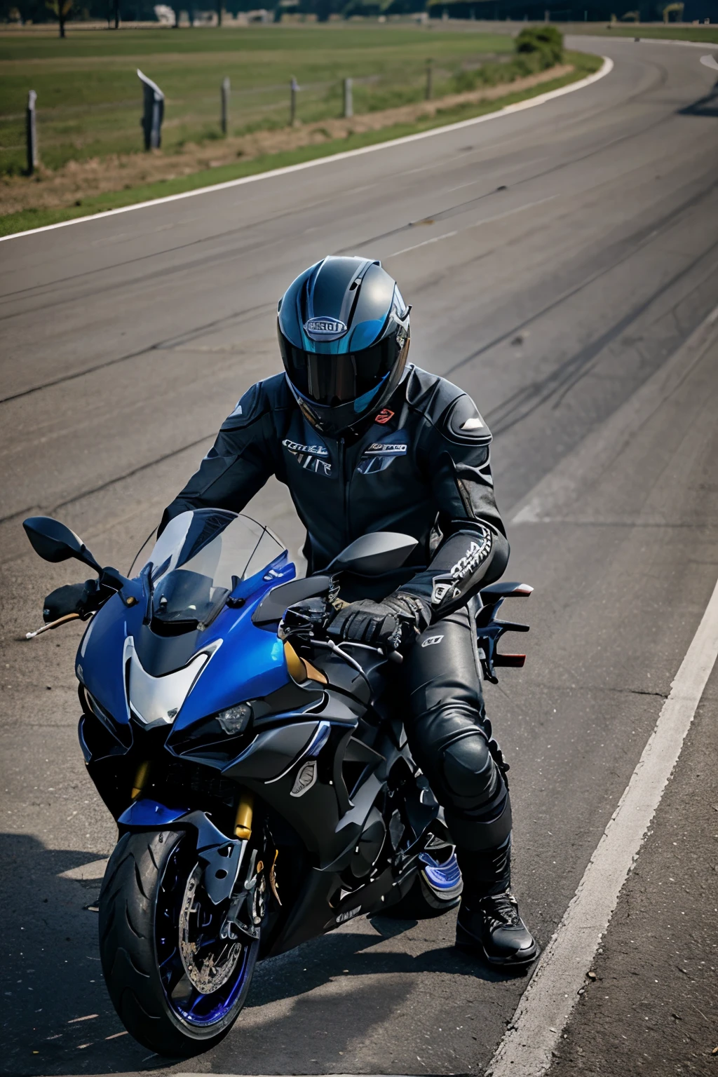 Man with wings on Yamaha R6 motorbike