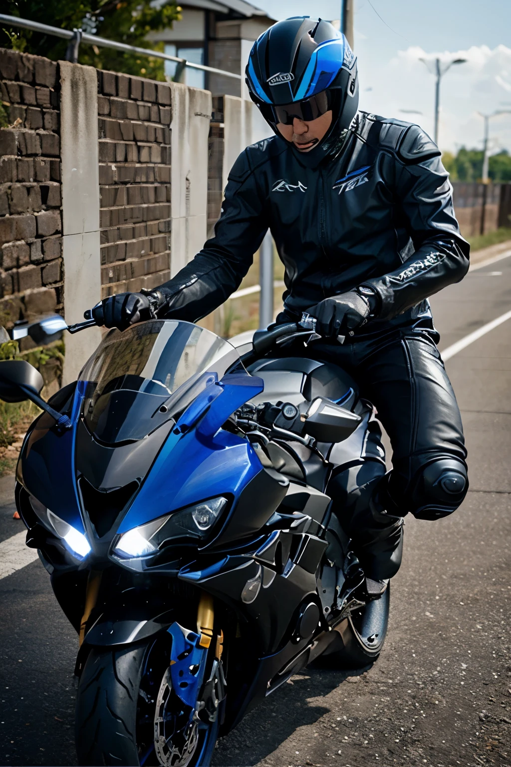 Man with wings on Yamaha R6 motorbike