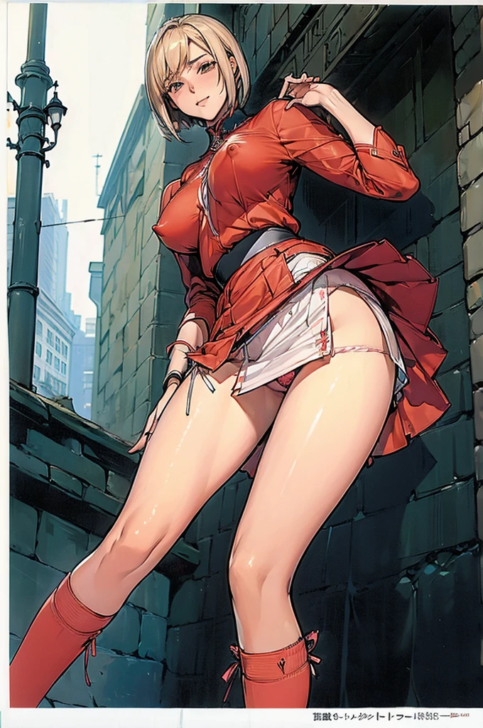 masterpiece, Highest quality, Absurd, Perfect Anatomy, nsfw, mastserpiece, One Girl, Mature Woman, alone, Asheria:1.5, Asheria, Asheria, Asheriaのコスチューム:1.5, Asheriaのコスチューム:1.3, Asheriaのコスチューム:1.2, Red Skirt, ((Extremely short miniskirt:1.5)), short hair, Bobcut, blonde, Big Breasts, smooth udder, Big Ass, White knee socks,Platinum Shoulder Armor, Are standing, Outdoor, Fantasy, Street Corner, smile, Confident posture, Dynamic Angle, ((skirt lifting up:1.5)), ((show off micro panties:1.5)), nsfw,