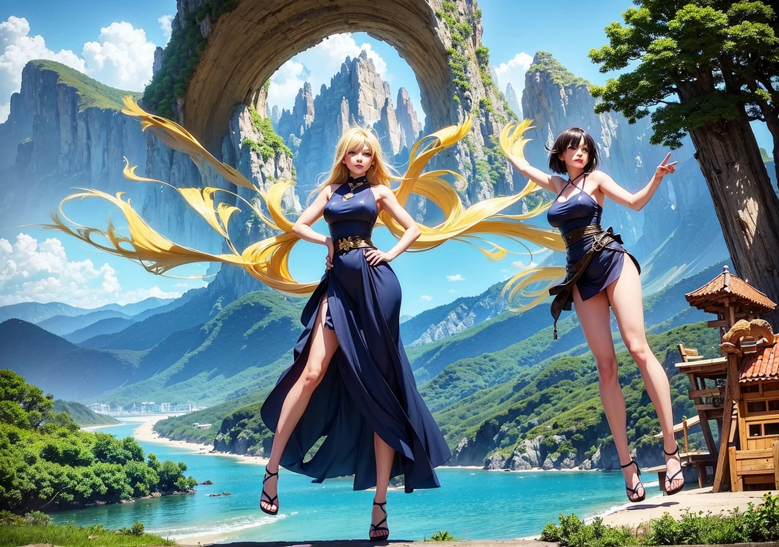 Anime girl, Blonde hair, navy blue eyes, beautiful body, medium breasts, big hips, fingers without errors, left hand on the waist, right hand making a gesture, medium body, cartoonish, on the beach, with a beautiful view, with fantasy mountains, dragons flying in the mountains to the horizon of the mountains , beach full of people, with dogs running, people having fun, food stalls, beautiful, sunny, fantasy day, fantasy animals, a world of pure fantasy, vibrant brightness,Vibrant colors, HD, 4K, perfect, error-free, professional drawing, digital art, style Yoh Yoshinari