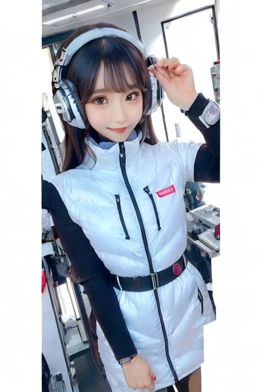 masterpiece, Highest quality, Very detailed, 8K Portrait,Japanese Android Girl,plump , Control panel,Robotic arms and legs, Blunt bangs,,break (Metallic Gray, Metallic luster, Mirror finish, Astro Best):5,headphone:5,break (Black sleeves):100,Smart Watches,Futuristic space station,Control Room,break headphone,blue eyes,(Black Hair):2,(Long Hair):1.3,Displaying the viewer,(respirator),break blush:3,Hidden Hand,smile