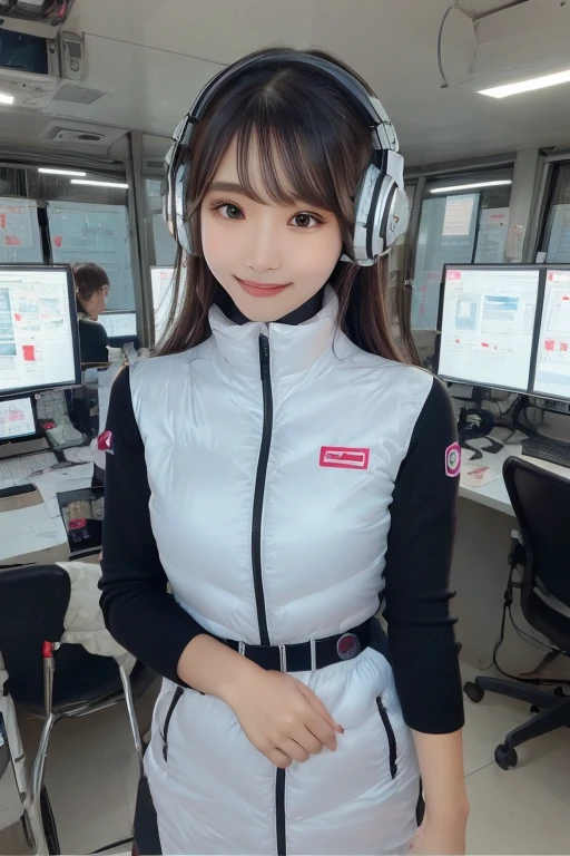 masterpiece, Highest quality, Very detailed, 8K Portrait,Japanese Android Girl,plump , Control panel,Robotic arms and legs, Blunt bangs,,break (Metallic Gray, Metallic luster, Mirror finish, Astro Best):5,headphone:5,break (Black sleeves):100,Smart Watches,Futuristic space station,Control Room,break headphone,blue eyes,(Black Hair):2,(Long Hair):1.3,Displaying the viewer,(respirator),break blush:3,Hidden Hand,smile
