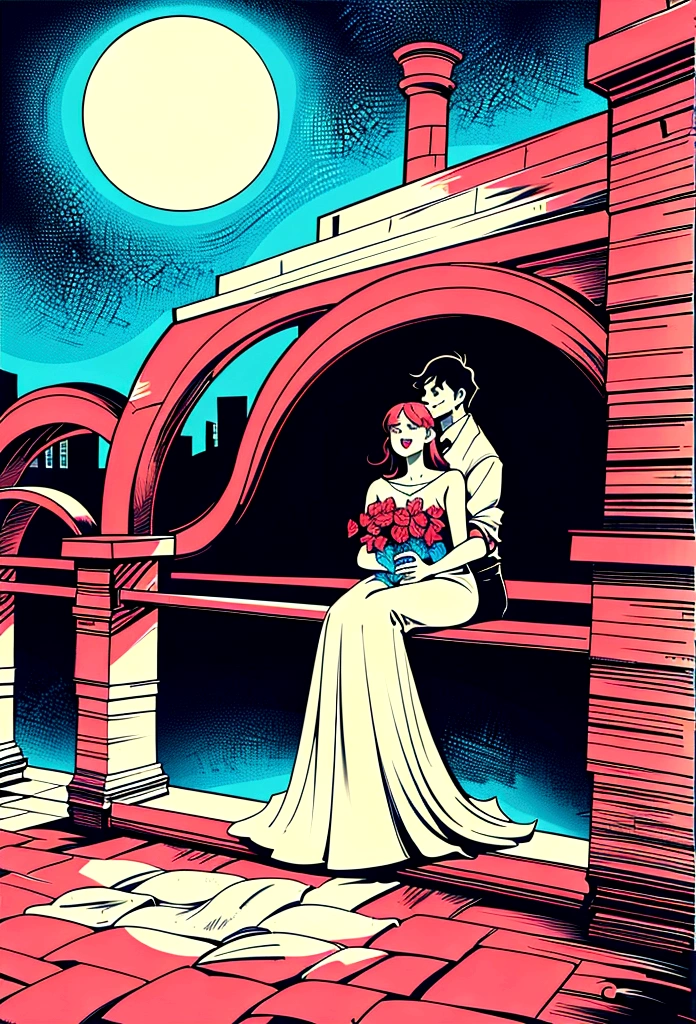 a couple in love, sitting on a balcony, the light of the full moon, crossed glances, romantic