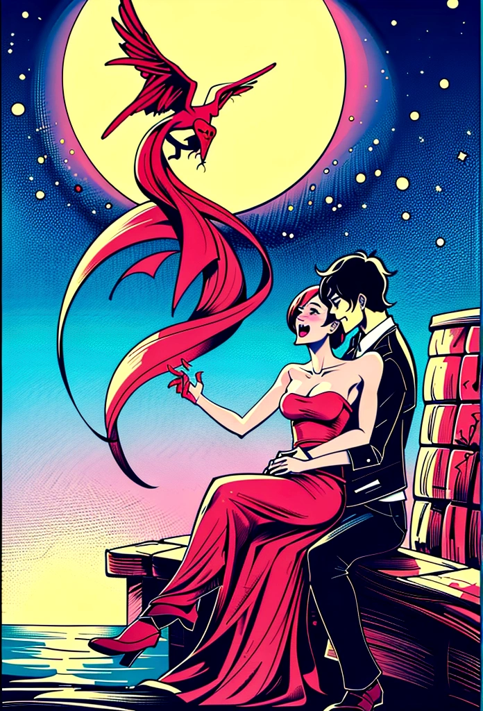 a couple in love, sitting on a balcony, the light of the full moon, crossed glances, romantic