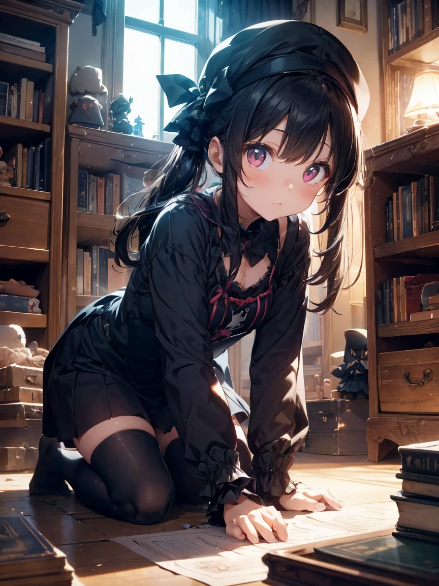 base layer: A room filled with darkness, Cute girly hobbies, Like an upturned toy box, Breaking the middle class: A girl with a mysterious aura, Surrounded by Gothic dolls, Vintage Books, Occult Tools, Split Foreground Layer: Mysterious accessories, hat, Something that emphasizes the girl's mysterious beauty, Break Effect Layer: Pay attention to the fine details of the items and the girls., Capturing Complexity and Depth, Break the finishing touches: Deep focus screen effect, Seamlessly blend foreground and background, It encapsulates the eerie yet fascinating essence of the room..