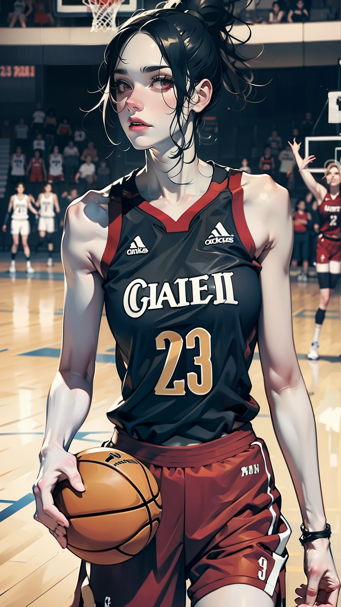 score_9, score_8_up, score_7_up WNBA, (Tall Skinny Girl, Thin, Black Hair pulled back, Big Nose, Emaciated), nba jersey, well lite basketball court, intricate details, detailed background, hyperrealistic, game face, big eyes, ultra tall thin Caitlin Clark, 