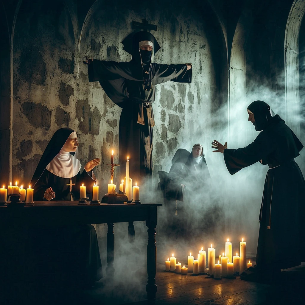 arafed image of a nun and a nun priest in a dark room, dramatic lights spiritual scene, scary horrifying satanic rituals, spiritual eerie creepy picture, by Eugeniusz Zak, two hovering twin nuns, by Thomas Bock, by Aleksander Gierymski, by Jan Kupecký, by Stefan Gierowski, holy flame spell