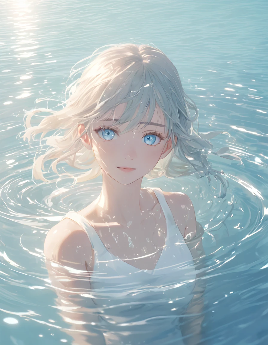 Anime style female character in water, (Kind expression:1.1), blue colored eyes, white top, (rippling effect of water around the body:1.3), sunlight reflecting on the water, Clear sky, subtle splashes of water, high-resolution digital art, soft color palette, atmosfera tranquila, (serene ocean background:1.1), Realistic water texture
