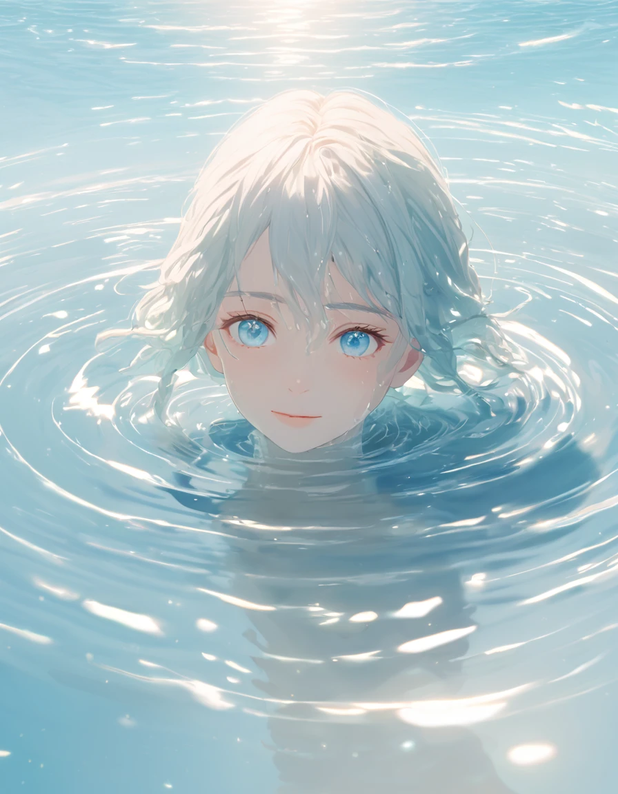 Anime style female character in water, (Kind expression:1.1), blue colored eyes, white top, (rippling effect of water around the body:1.3), sunlight reflecting on the water, Clear sky, subtle splashes of water, high-resolution digital art, soft color palette, atmosfera tranquila, (serene ocean background:1.1), Realistic water texture
