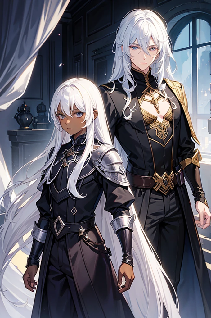Fantasy light novel cover featuring a dark skinned male mage with black, curly hair and a white haired male demigod with dark eyes