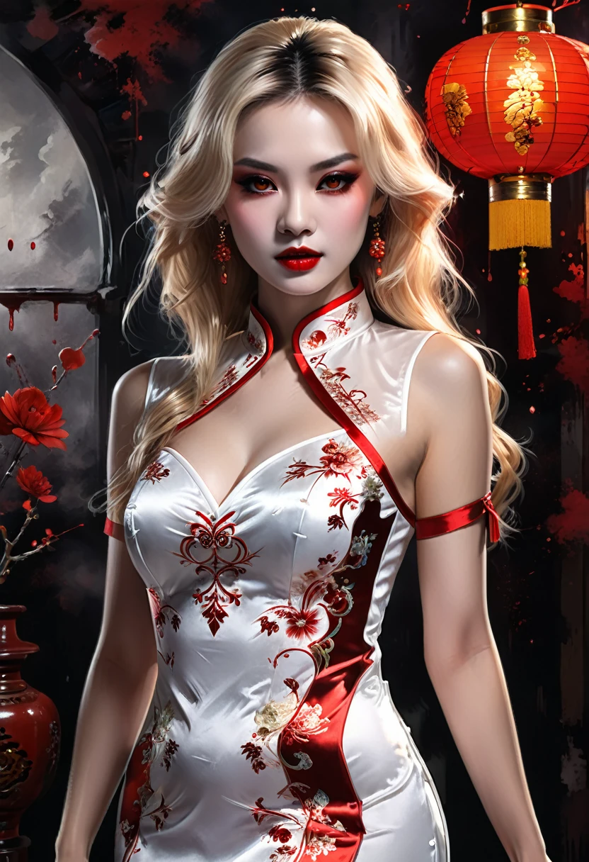 a beautiful female vampire wearing a ((blood stained: 1.5) white Cheongsam: 1.5), an extremely beautiful female vampire, ultra detailed face, blond hair, long hair, wavy hair, dark glamour make up, pale skin, red lips, (glowing red eyes: 1.2), visible (vampiric fangs: 1.2), she wears a ((blood stained white Cheongsam: 1.5)), elegant, intricate detailed Cheongsam, silk Cheongsam, small cleavage, ((Cheongsam is decorated with gems: 1.3)), she wears elegant knee high heeled boots, exquisite knee high heeled boots, there are stains of blood on the upper part of the dress, dynamic background, best details, best quality, highres, ultra wide angle, 16k, [ultra detailed], masterpiece, best quality, (extremely detailed), full body, ultra wide shot, photorealistic, fantasy art, dnd art, rpg art, realistic art, dark novel, Dark Art Painting Style