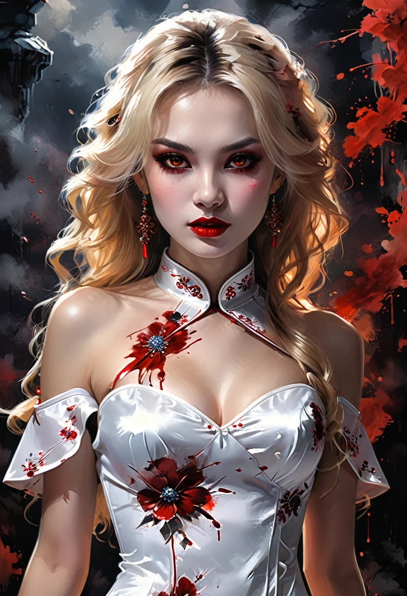 a beautiful female vampire wearing a ((blood stained: 1.5) white Cheongsam: 1.5), an extremely beautiful female vampire, ultra detailed face, blond hair, long hair, wavy hair, dark glamour make up, pale skin, red lips, (glowing red eyes: 1.2), visible (vampiric fangs: 1.2), she wears a ((blood stained white Cheongsam: 1.5)), elegant, intricate detailed Cheongsam, silk Cheongsam, small cleavage, ((Cheongsam is decorated with gems: 1.3)), she wears elegant knee high heeled boots, exquisite knee high heeled boots, there are stains of blood on the upper part of the dress, dynamic background, best details, best quality, highres, ultra wide angle, 16k, [ultra detailed], masterpiece, best quality, (extremely detailed), full body, ultra wide shot, photorealistic, fantasy art, dnd art, rpg art, realistic art, dark novel, Dark Art Painting Style