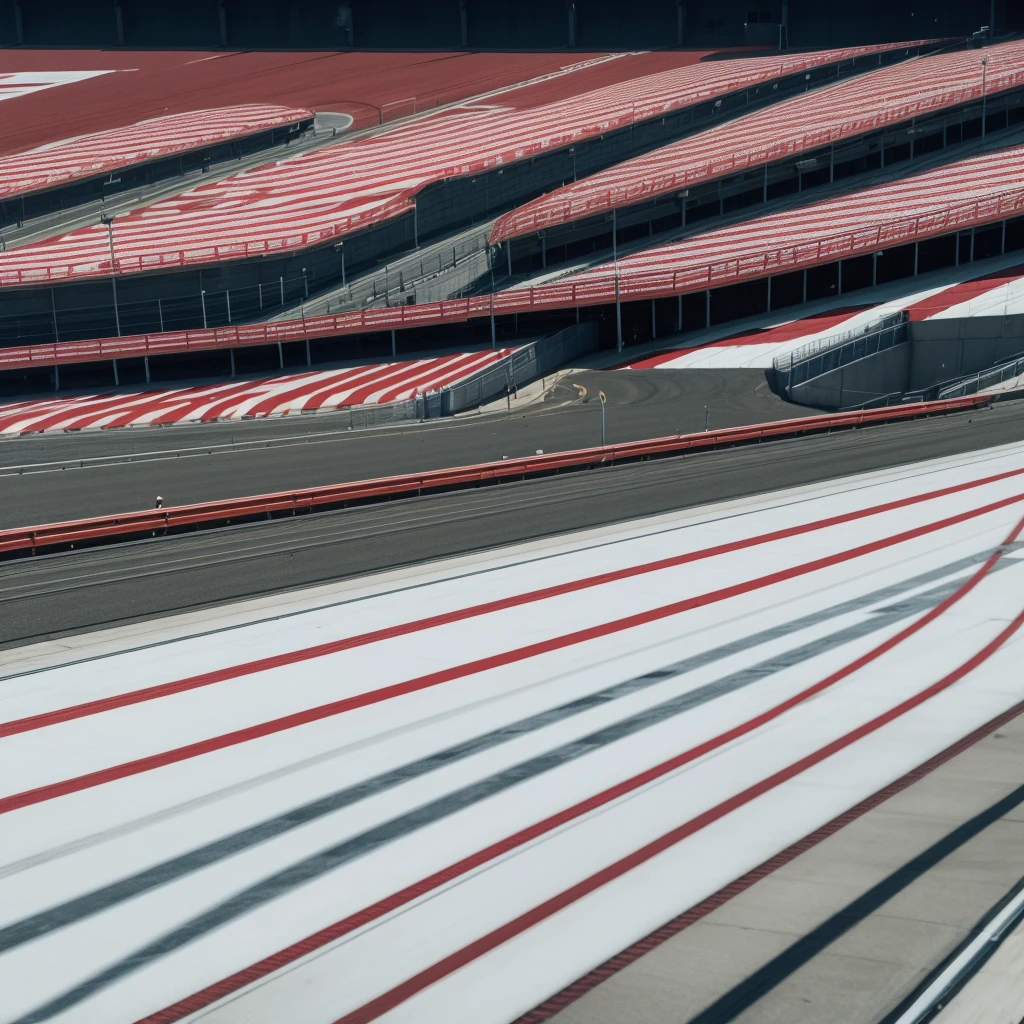 A racetrack with 8 lanes, each bordered by white lines. At the beginning of the track, the word ‘START’ in large letters, and at the end, the word ‘FINISH’. The top and bottom edges of the image are decorated with red and white checkered patterns. Comic style. Complete top-down view of the track.