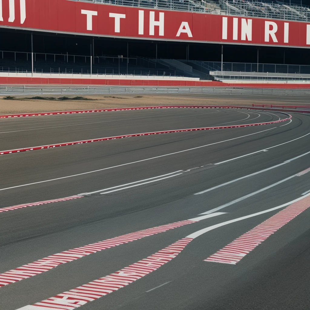 A racetrack with 8 lanes, each bordered by white lines. At the beginning of the track, the word ‘START’ in large letters, and at the end, the word ‘FINISH’. The top and bottom edges of the image are decorated with red and white checkered patterns. Comic style. Complete top-down view of the track.