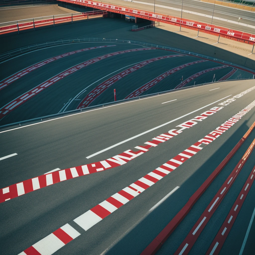 A racetrack with 8 lanes, each bordered by white lines. At the beginning of the track, the word ‘START’ in large letters, and at the end, the word ‘FINISH’. The top and bottom edges of the image are decorated with red and white checkered patterns. Comic style. Complete top-down view of the track.