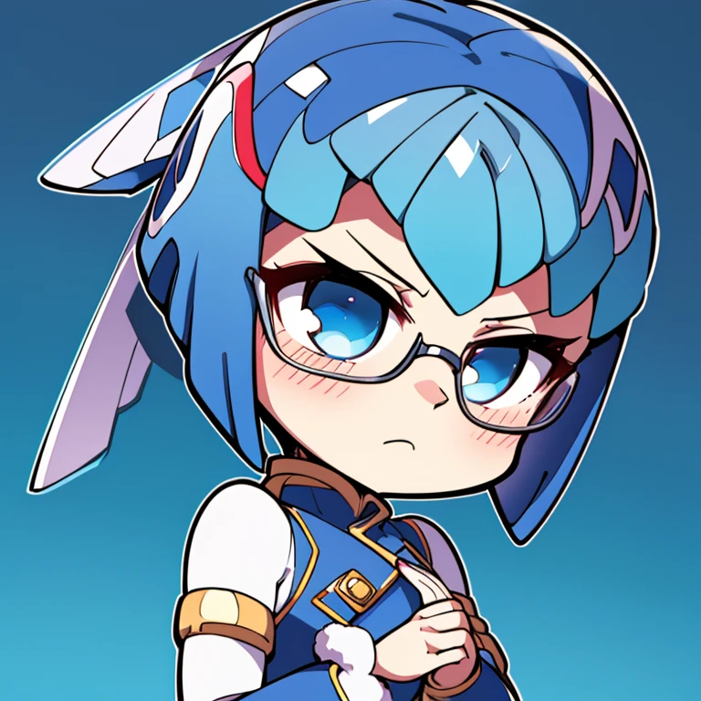 Leviathan_Megamanz, 1 Girl, looking at viewer, blue hair, Blue eyes, Simple background , Blushed ,  , Wedding ring, Glasses, chibi , cool glasses