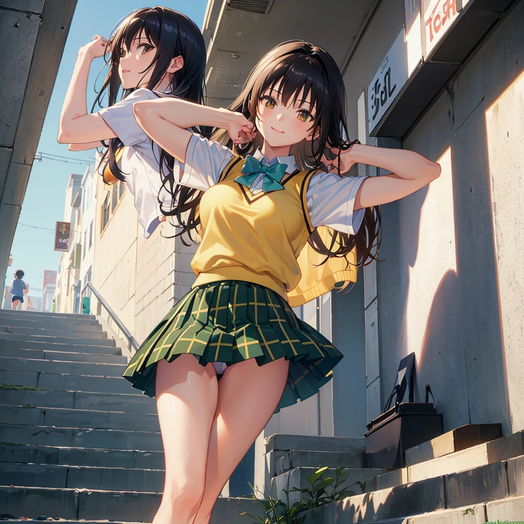 masterpiece, best quality, defYui, yellow sweater vest, white shirt, short sleeves, green bowtie, plaid miniskirt, large breasts, stairs, loafers, socks, blue sky, cityscape, smile, happy, (stairs:1.2),ass, kneehighs, looking back,(pantyshot:1.1), white panties,running,(from below:1.1),