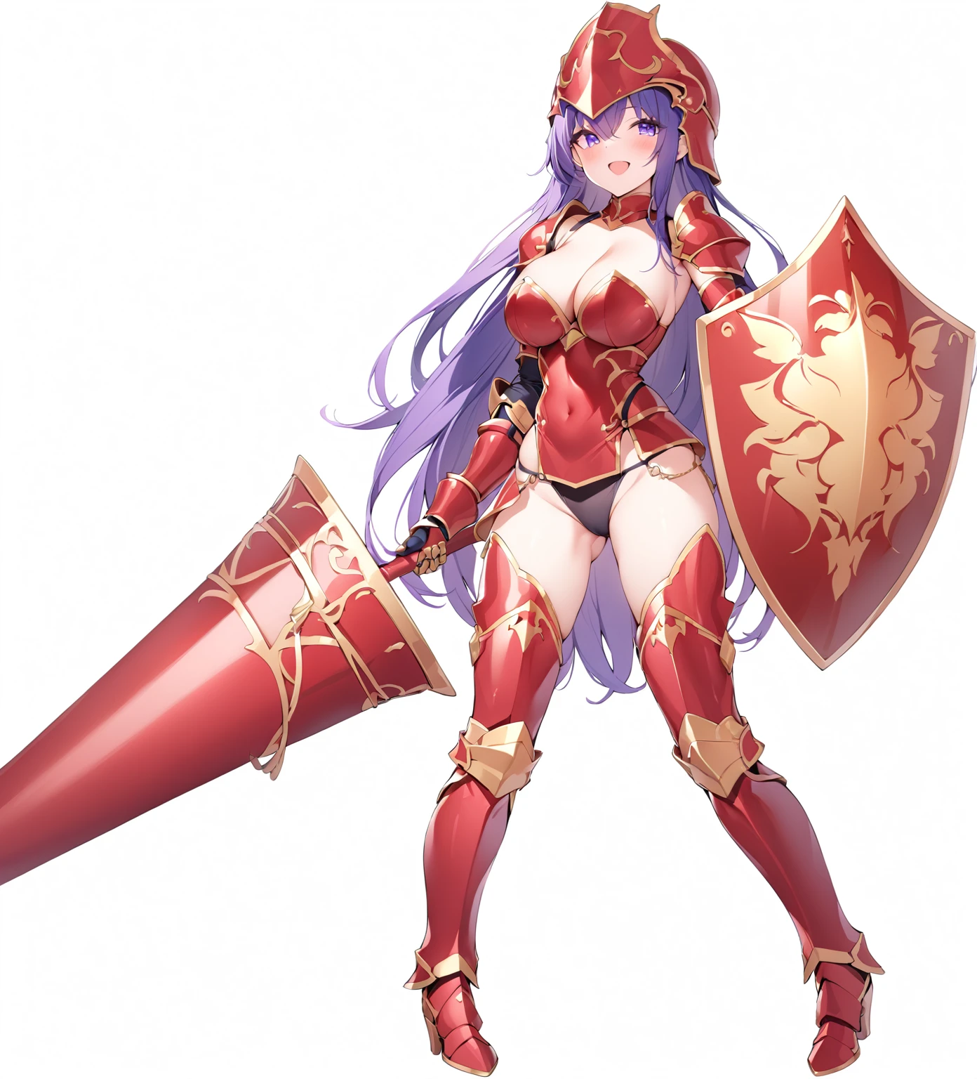 (masterpiece:1.2), (highest quality:1.2), 1girl, solo, purple-hair, long-hair, shield, breasts, weapon, armor, cleavage, large-breasts, polearm, helmet, open-mouth, smile, boots, purple-eyes, gauntlets, very-long-hair, thighhighs, blue-eyes, full-body, red-armor, looking-at-viewer, blush, thigh-boots, simple-background, armored-boots,