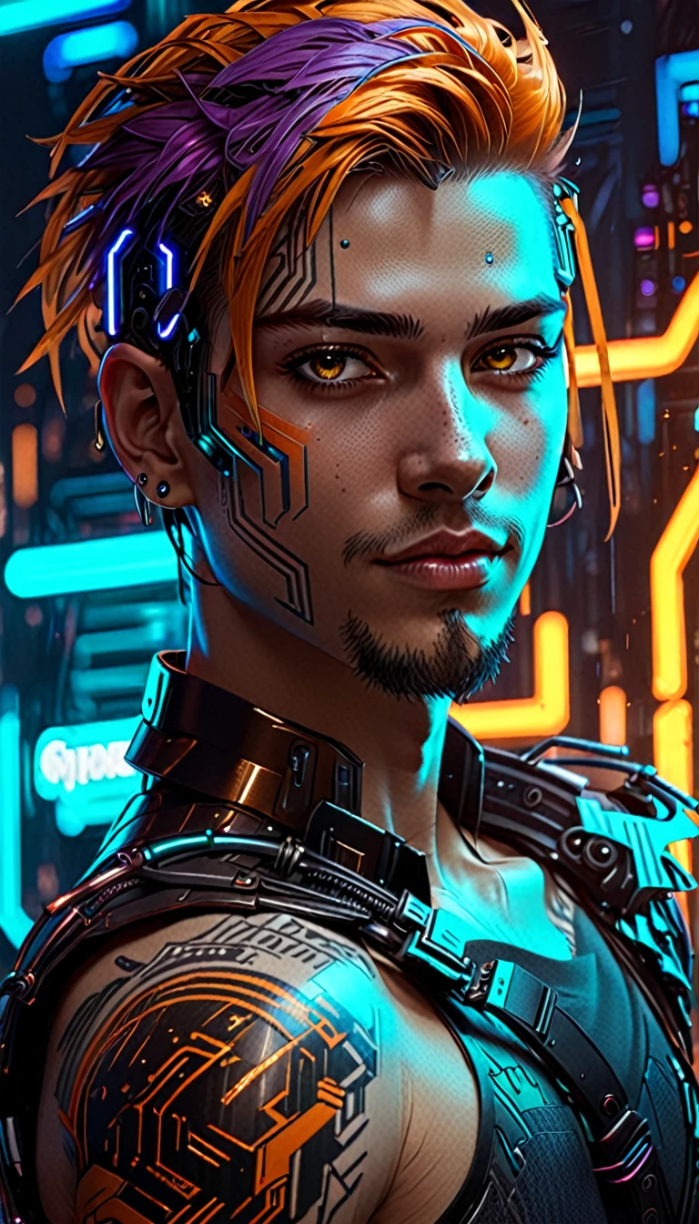 Whole shot:1.4, whole body: 1.4, ((a confident young man, sensual and beautiful, ultra detaild)), ((sensual smile, with a tattoo on his arm and cheek, beautiful and masculine hairstyle, young and handsome cyberpunk, beautiful cyberpunk boy face light brown eyes:1.4)), Dreamers, ((beautiful and detailed hair, soft and luminous:1.3)), dark night environment, night colors, violet, cerulean, blackw, gris, ultra-realistic 8k, cyberpunk 20 years. a model , The portrait, Highly detailed 32k digital art, beautiful digital art, cyberpunk cyborg. ((orange, Cyan, brown colors: 1.2)), 8 k realistic digital art, soft neon lighting on face and body, Whole shot: 1.4, (( highy detailed: 1.4), (( work of art )), (Hyper detailed and beautiful: 1.3), (photorrealistic: 1.4)