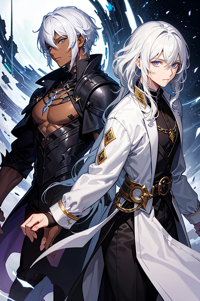 Fantasy light novel cover featuring a dark skinned male mage with black, curly hair and a white haired male demigod with dark eyes