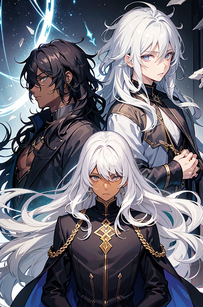 Fantasy light novel cover featuring a dark skinned male mage with black, curly hair and a white haired male demigod with dark eyes