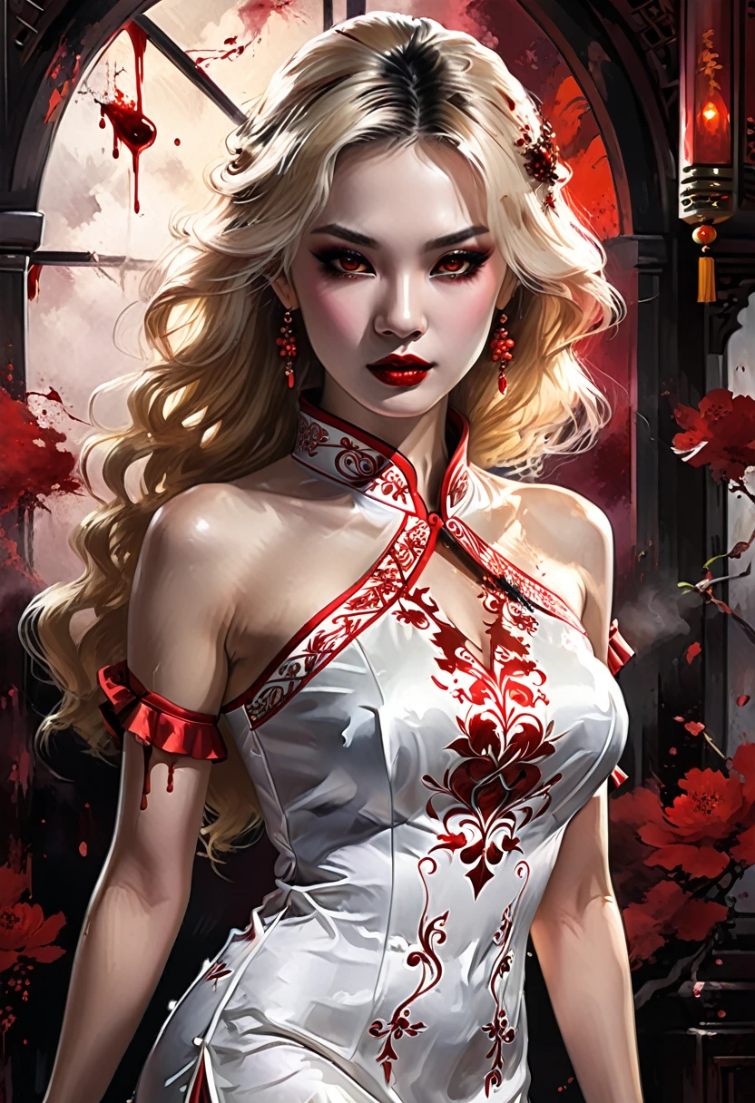 a beautiful female vampire wearing a ((blood stained: 1.5) white Cheongsam: 1.5), an extremely beautiful female vampire, ultra detailed face, blond hair, long hair, wavy hair, dark glamour make up, pale skin, red lips, (glowing red eyes: 1.2), visible (vampiric fangs: 1.2), she wears a ((blood stained white Cheongsam: 1.5)), elegant, intricate detailed Cheongsam, silk Cheongsam, small cleavage, ((Cheongsam is decorated with gems: 1.3)), she wears elegant knee high heeled boots, exquisite knee high heeled boots, there are stains of blood on the upper part of the dress, dynamic background, best details, best quality, highres, ultra wide angle, 16k, [ultra detailed], masterpiece, best quality, (extremely detailed), full body, ultra wide shot, photorealistic, fantasy art, dnd art, rpg art, realistic art, dark novel, Dark Art Painting Style