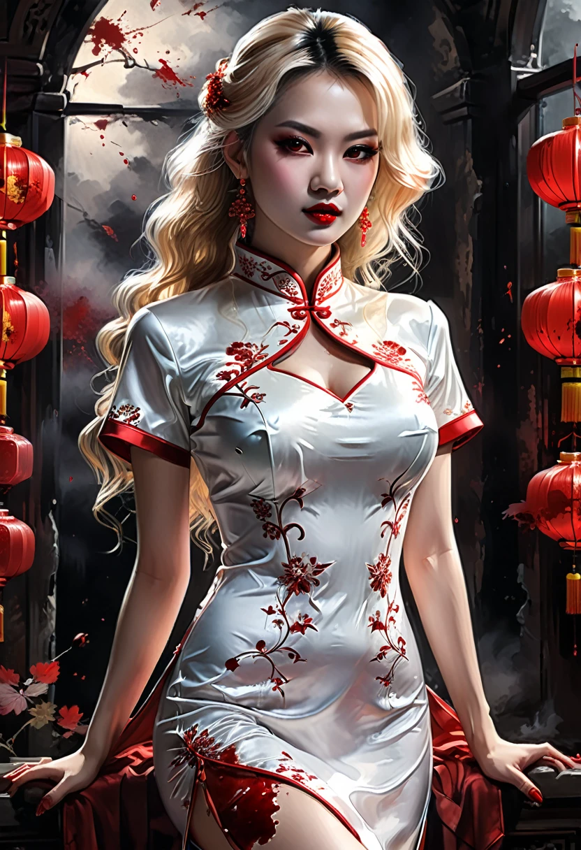 a beautiful female vampire wearing a ((blood stained: 1.5) white Cheongsam: 1.5), an extremely beautiful female vampire, ultra detailed face, blond hair, long hair, wavy hair, dark glamour make up, pale skin, red lips, (glowing red eyes: 1.2), visible (vampiric fangs: 1.2), she wears a ((blood stained white Cheongsam: 1.5)), elegant, intricate detailed Cheongsam, silk Cheongsam, small cleavage, ((Cheongsam is decorated with gems: 1.3)), she wears elegant knee high heeled boots, exquisite knee high heeled boots, there are stains of blood on the upper part of the dress, dynamic background, best details, best quality, highres, ultra wide angle, 16k, [ultra detailed], masterpiece, best quality, (extremely detailed), full body, ultra wide shot, photorealistic, fantasy art, dnd art, rpg art, realistic art, dark novel, Dark Art Painting Style