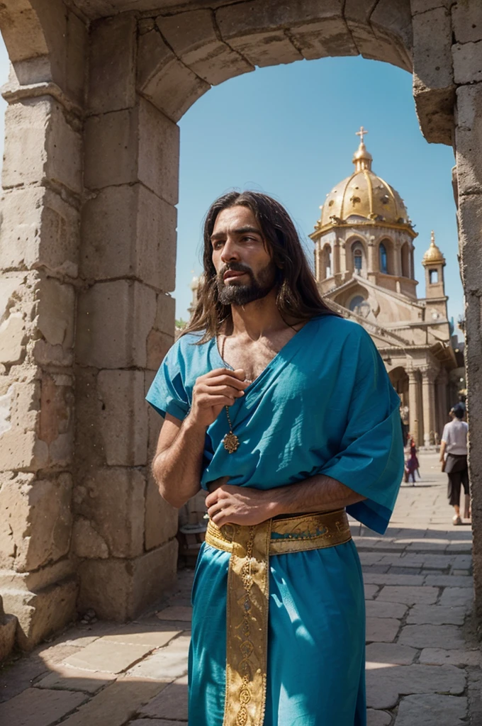 Render a highly detailed and vibrant animated scene of the Second Temptation of Jesus, known as 'El Pináculo,' in a Disney-Pixar style in 8K resolution. Jesus, depicted with compassionate and serene features, stands on the edge of a majestic temple pinnacle, high above a bustling, beautifully animated ancient city. The city is filled with colorful market stalls, people in traditional attire, and lush greenery. The devil, disguised as a charming, slightly mischievous figure, gestures grandly towards the city below, trying to tempt Jesus. The sky is a stunning gradient of blues and purples as the sun begins to set, casting a magical glow over the entire scene. The expressions on both characters should convey a sense of tension and inner struggle, with intricate details in their clothing and surroundings."
