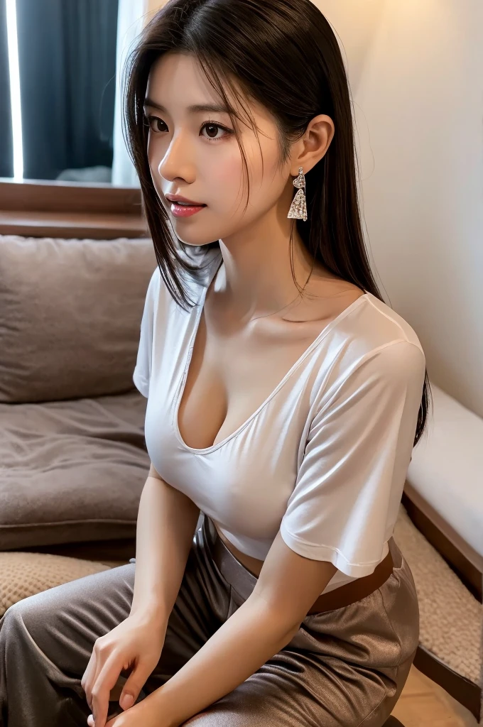 ((white T-shirt)),((black tracksuit pants)),Massage parlor,((full body)),((photo)),((best qualtiy, 8K, tmasterpiece:1.3)), Focus:1.2, perfect figure beautiful girl:1.4,1girl,cowboy shot,look at viewer,incredibly absurd, beautiful and cute girl with a photorealistic face, showcasing top-quality craftsmanship, Japanese woman working at a massage parlor, 20 years old, straight black hair down to the jaw line, silky and straight hair, fair and clear skin, small face, straight nose, large round brown eyes, long eyelashes, plump cherry-colored lips, well-defined eyebrows, clean-cut face, long neck, beautiful décolleté line, , delicate, slender, beautiful C-cup breasts, silver necklace, small earrings, pretty older woman, beautiful, neat, soothing, devilish type, calm demeanor, soft-spoken, curious, likes alcohol, likes to try new things, mature, June