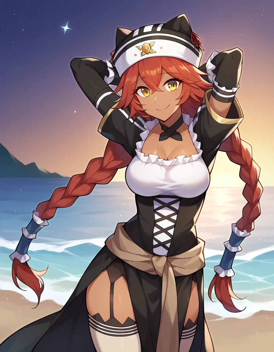 score_9, score_8_up, score_7_up, BREAK, 1girl, solo, breasts, lupusregina beta, dark skin, twin braids, hat, frills, black dress, short sleeves, bridal gauntlets, white thighhighs, garter straps, choker,  high quality, solo, 1girl, night sky, beach, arms behind head, (contrapposto), closed mouth, spread armpits, (cowboy shot:1.5), looking at viewer, smile, best quality,