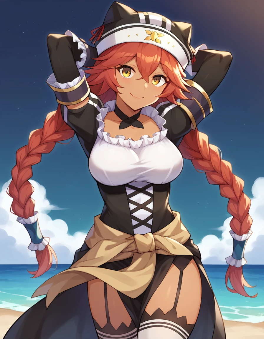 score_9, score_8_up, score_7_up, BREAK, 1girl, solo, breasts, lupusregina beta, dark skin, twin braids, hat, frills, black dress, short sleeves, bridal gauntlets, white thighhighs, garter straps, choker,  high quality, solo, 1girl, night sky, beach, arms behind head, (contrapposto), closed mouth, spread armpits, (cowboy shot:1.5), looking at viewer, smile, best quality,