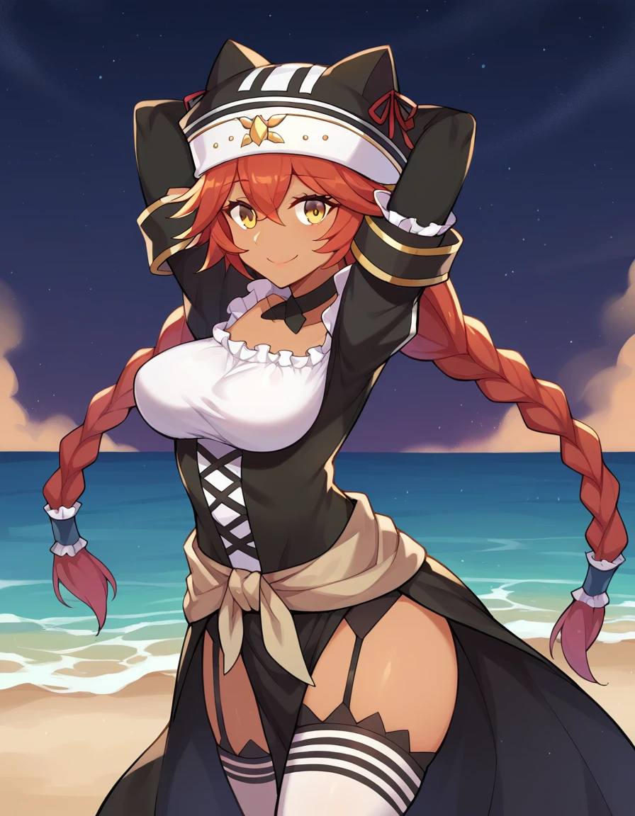 score_9, score_8_up, score_7_up, BREAK, 1girl, solo, breasts, lupusregina beta, dark skin, twin braids, hat, frills, black dress, short sleeves, bridal gauntlets, white thighhighs, garter straps, choker,  high quality, solo, 1girl, night sky, beach, arms behind head, (contrapposto), closed mouth, spread armpits, (cowboy shot:1.5), looking at viewer, smile, best quality,