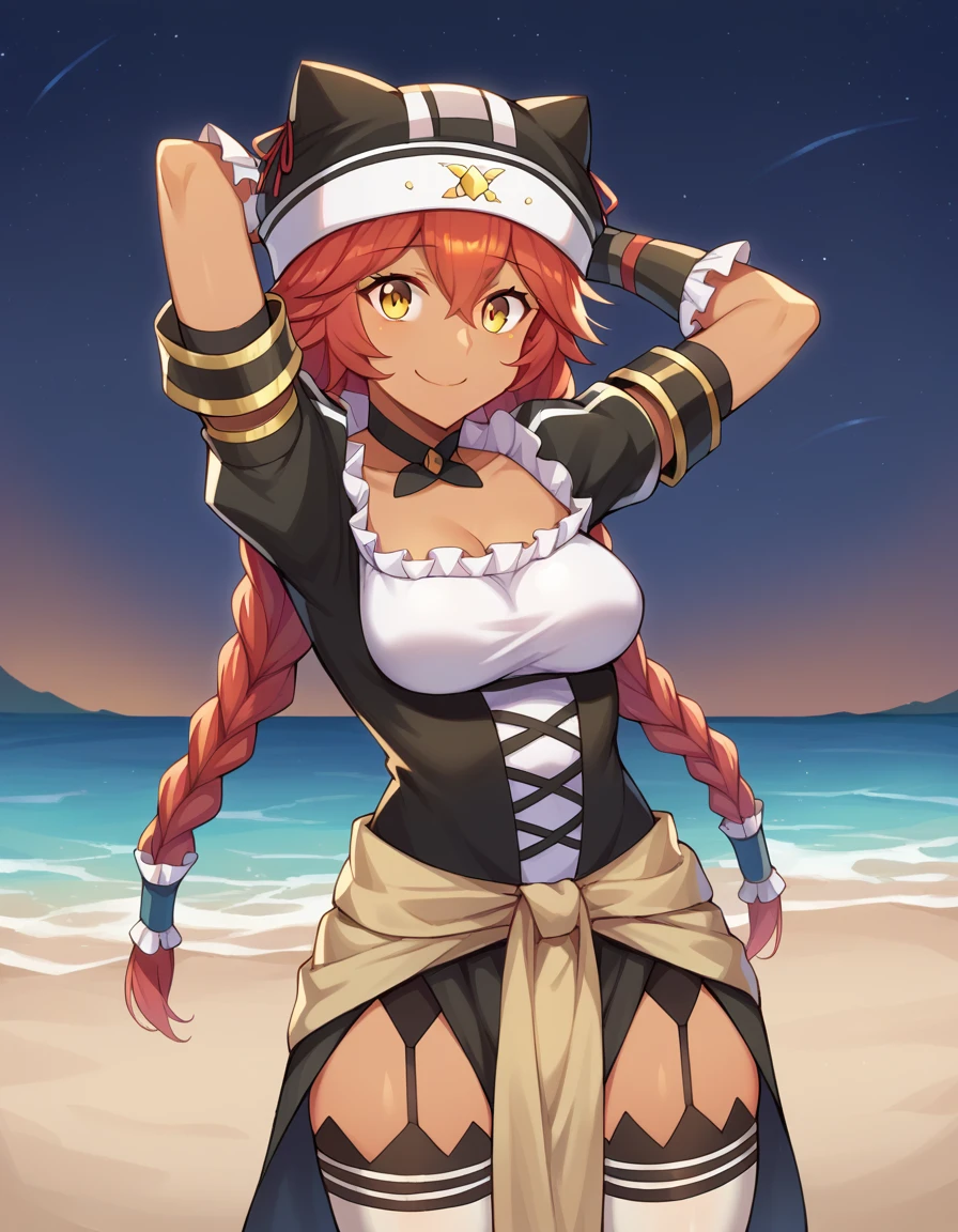 score_9, score_8_up, score_7_up, BREAK, 1girl, solo, breasts, lupusregina beta, dark skin, twin braids, hat, frills, black dress, short sleeves, bridal gauntlets, white thighhighs, garter straps, choker,  high quality, solo, 1girl, night sky, beach, arms behind head, (contrapposto), closed mouth, spread armpits, (cowboy shot:1.5), looking at viewer, smile, best quality,