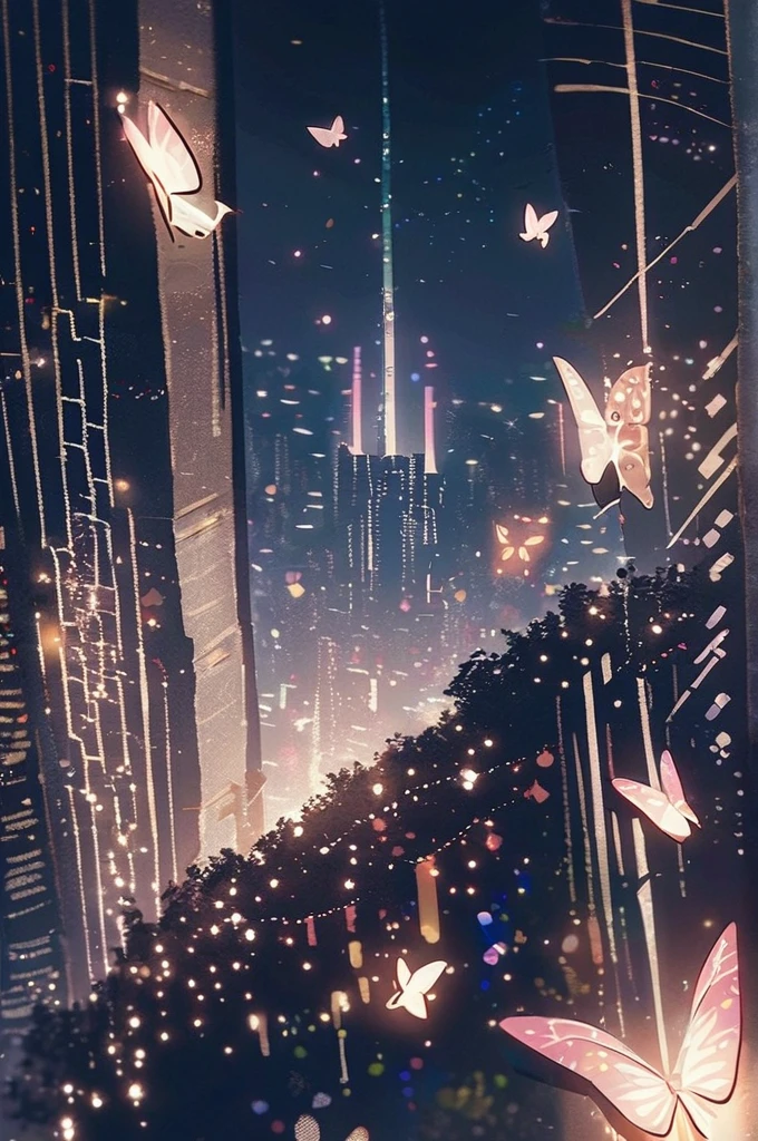 ((Лучшее качество)), ((шедевр)), (подробный), night city with butterflies
