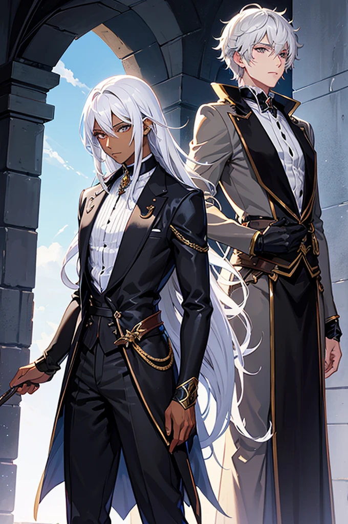 Fantasy light novel cover featuring a dark skinned male mage with black, curly hair and a white haired male demigod with dark eyes