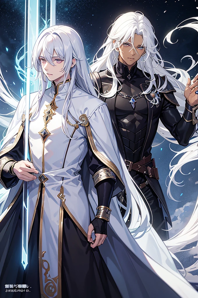 Fantasy light novel cover featuring a dark skinned male mage with black, curly hair and a white haired male demigod with dark eyes