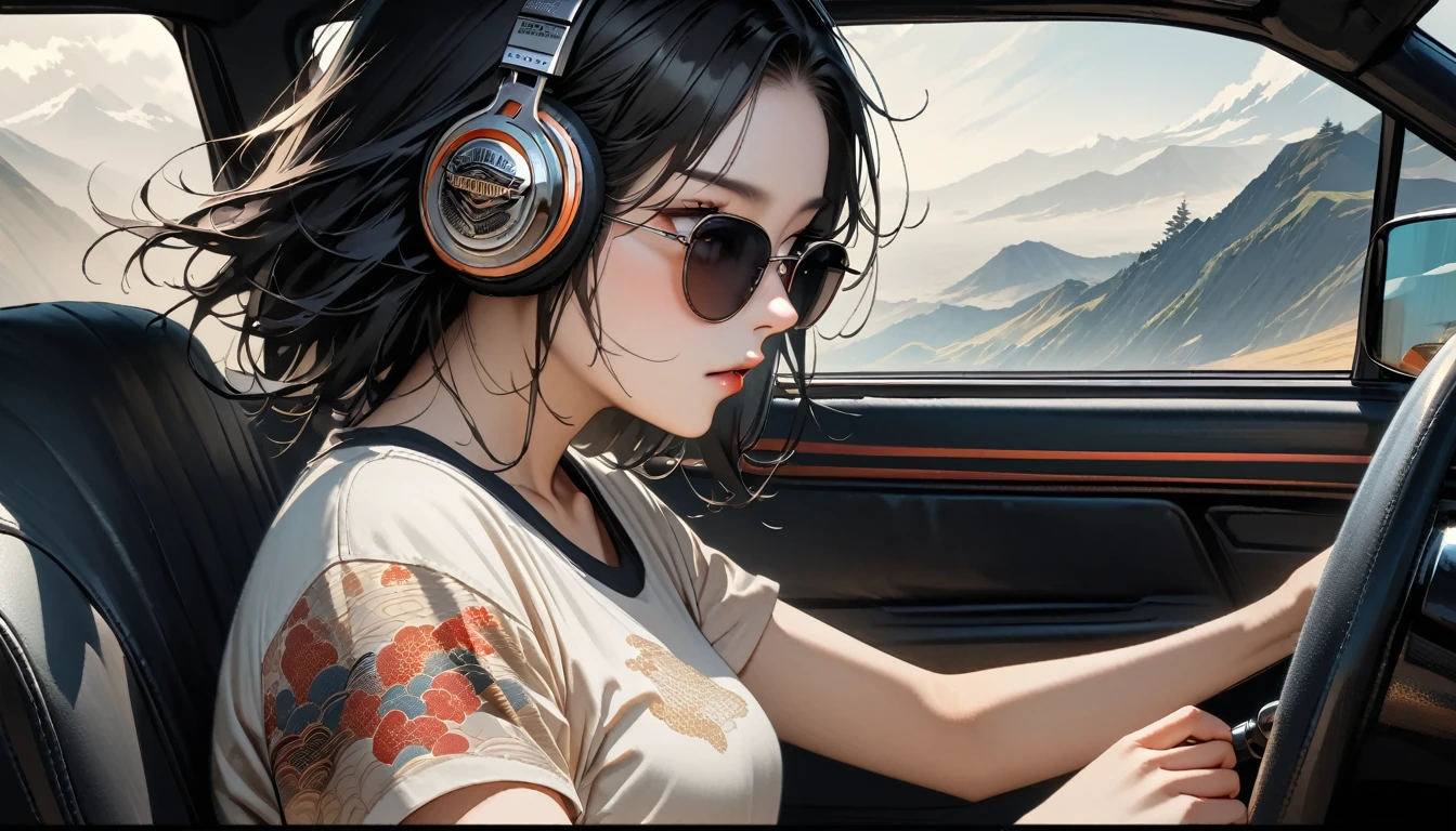 ((8k of extremely detailed CG unit, Masterpiece, high resolution, highest quality, highest quality real texture skin)), (((from side))), (((Driving a Harley-Davidson))), (Japanese pattern T-shirt,Japanese pattern shorts),  (((Japanese style headphones))), (((sunglasses))), ((1 girl)), (Black hair, messy hair, beige skin), (surreal, digital painting)