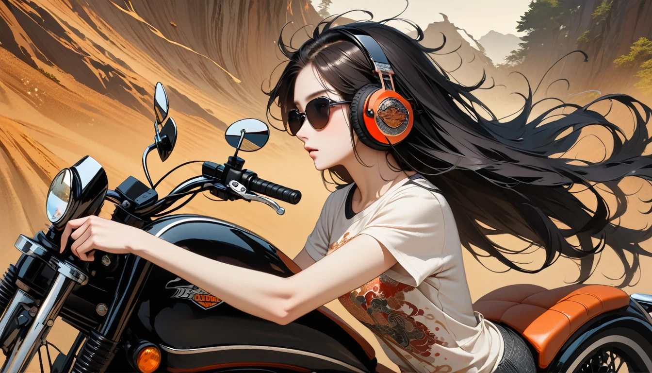 ((8k of extremely detailed CG unit, Masterpiece, high resolution, highest quality, highest quality real texture skin)), (((from side))), (((Driving a Harley-Davidson))), (Japanese pattern T-shirt,Japanese pattern shorts),  (((Japanese style headphones))), (((sunglasses))), ((1 girl)), (Black hair, messy hair, beige skin), (surreal, digital painting)