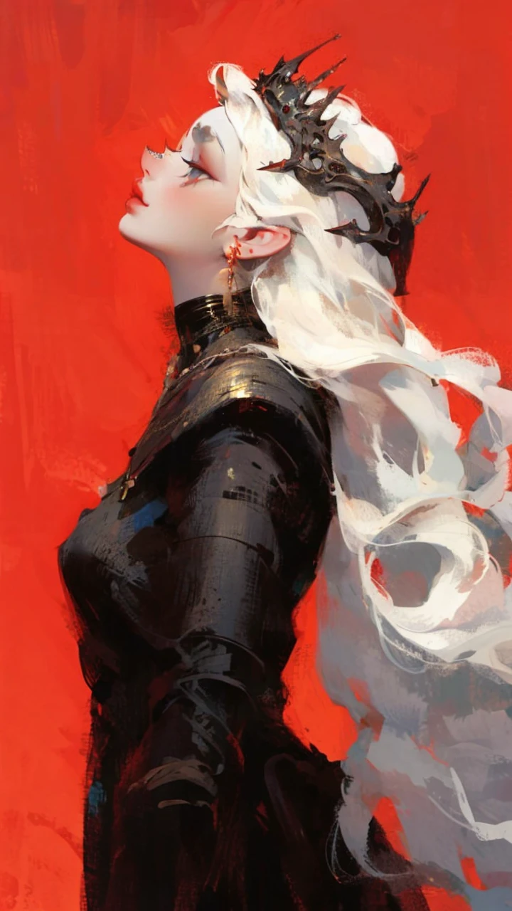 Girl with white wavy hair,side braids,beautiful necklace, Targaryen women hairstyle,beautiful gold tiara, red and black dress