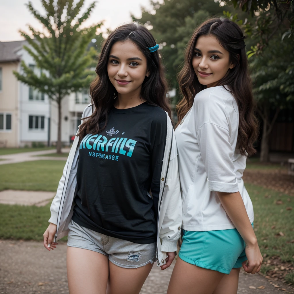 a young girl,long black curly hair,crystalline blue eyes,natural makeup,radiant skin,sexy body,smooth skin,enchanting,dark and white jacket, t-shirt oversize, shorts short tight,big round ass,arched back,sexy pose,joyfully smiling,ultra-realistic skin texture)),playing soccer, full body,face realistic,8k,perfect eyes,FujiFilm xt3,Gold hour,85mm,best quality,high resolution