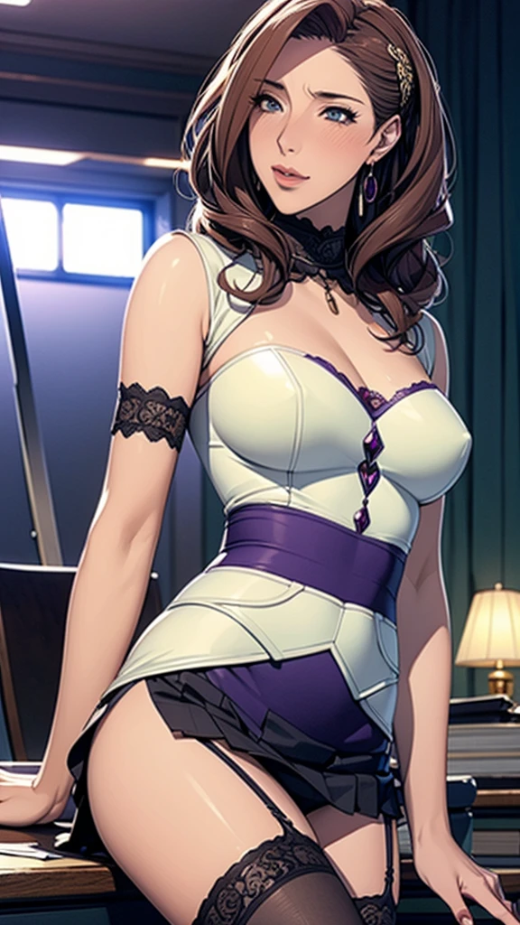 (Highest quality, Very detailed, Anime Images, Game CG, art CG, Realistic, Cinema Lighting, Perfect Shadow, Realistic lighting shading, Unity8k wallpaper), student,student服, (Stylish clothing), (Pleated mini skirt), Black Pantyhose,Black knee high sock, Big Breasts, Long Hair, Mature Woman, (Lace panties), Perfect Eyes, Perfect Face, Earrings, (Purple garter belt: 1.1), Bible Black Style, Vulgar blush, nose, Watch Viewer, Sexy pose,Future City
