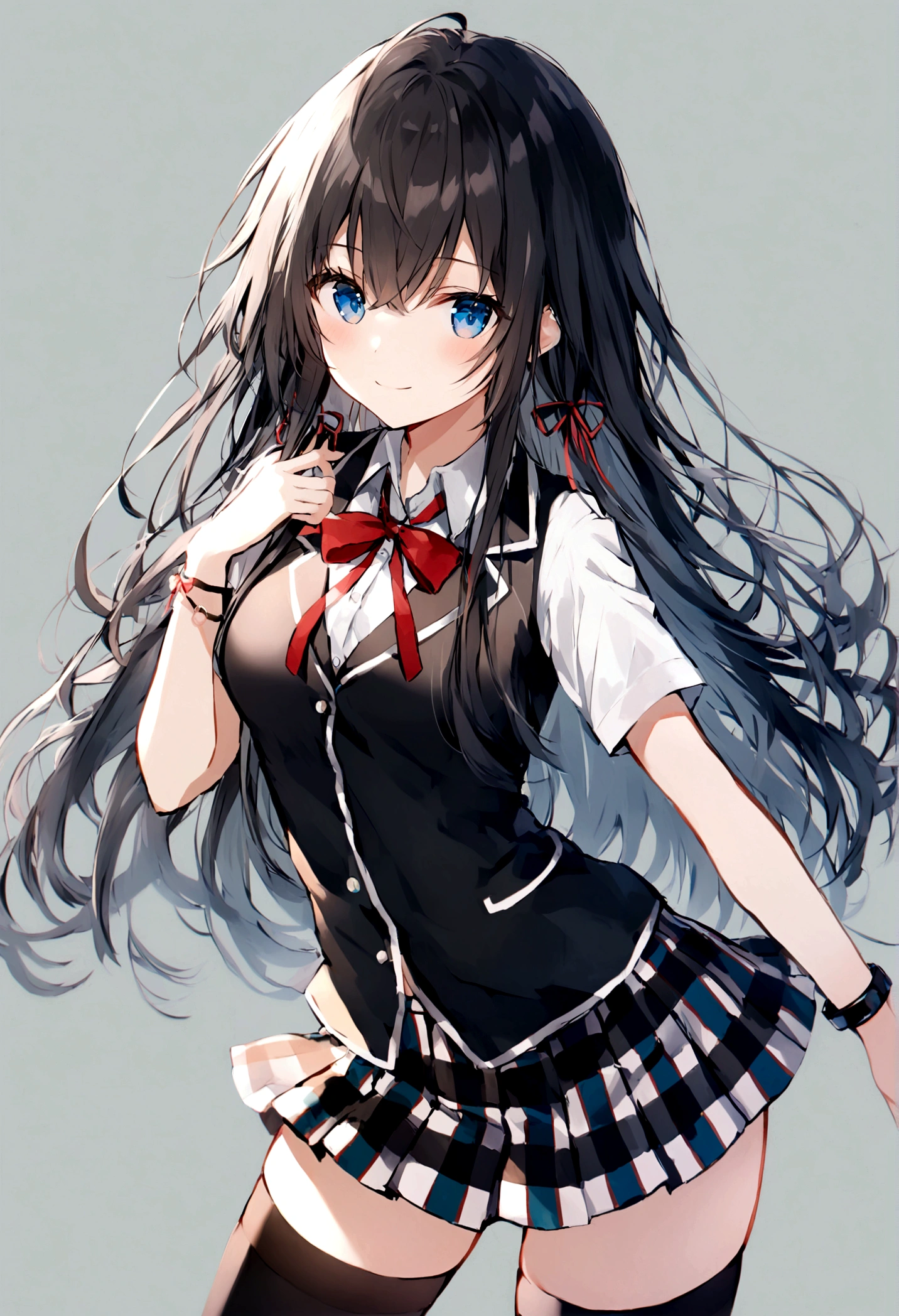 yukinoshita_yukino, 1girl, solo, sobu_high_school_uniform, skirt, long_hair, black_hair, thighhighs, shirt, school_uniform, white_background, white_shirt, simple_background, black_thighhighs, plaid, plaid_skirt, zettai_ryouiki, ribbon, looking_at_viewer, pleated_skirt, blue_eyes, smile, collared_shirt, short_sleeves, bangs, neck_ribbon, cowboy_shot, red_ribbon, dress_shirt, bow, closed_mouth, hair_between_eyes, breasts, miniskirt, bowtie, bracelet, red_bow